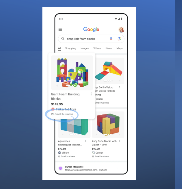 A search for “shop kids foam blocks” on a mobile phone shows several results, including one that has a “small business” label.
